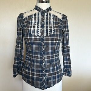 Love Squared Plaid Lace Victorian Button Down Blouse Top, Size Medium, Y2K, EUC!